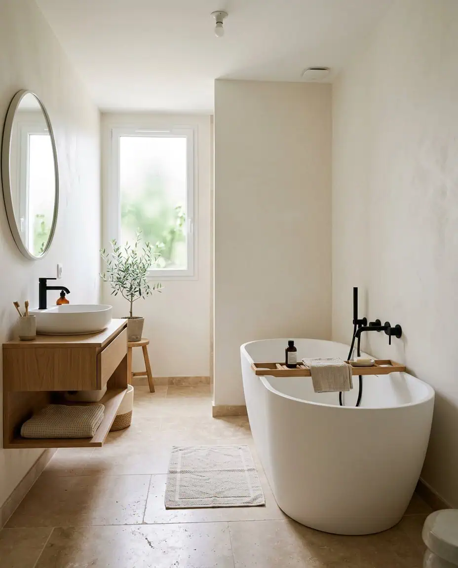 Baignoire semi-îlot près d’un mur dans une salle de bain de taille moyenne avec passage dégagé