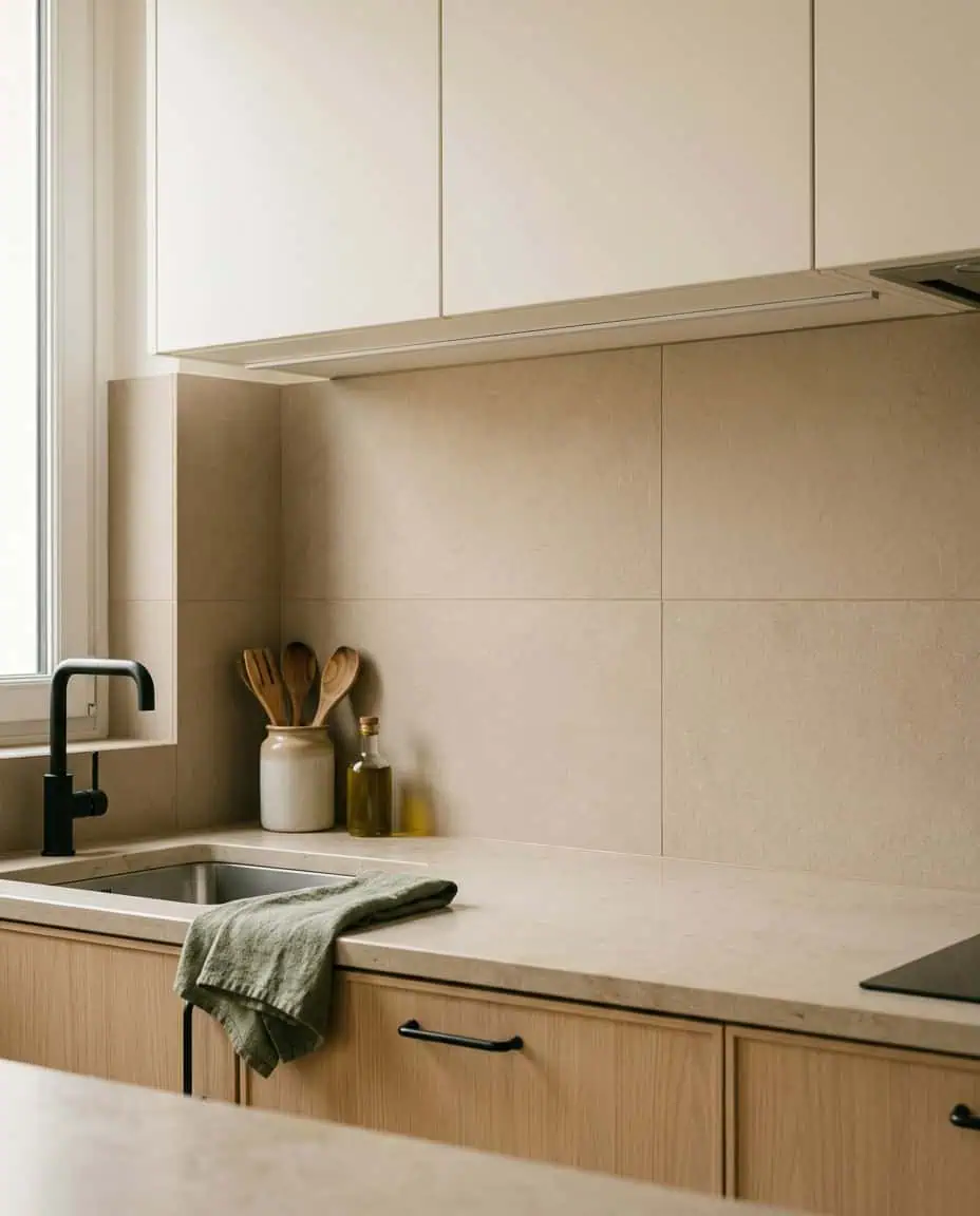 Crédence en carrelage beige grand format avec joints fins dans une cuisine contemporaine lumineuse