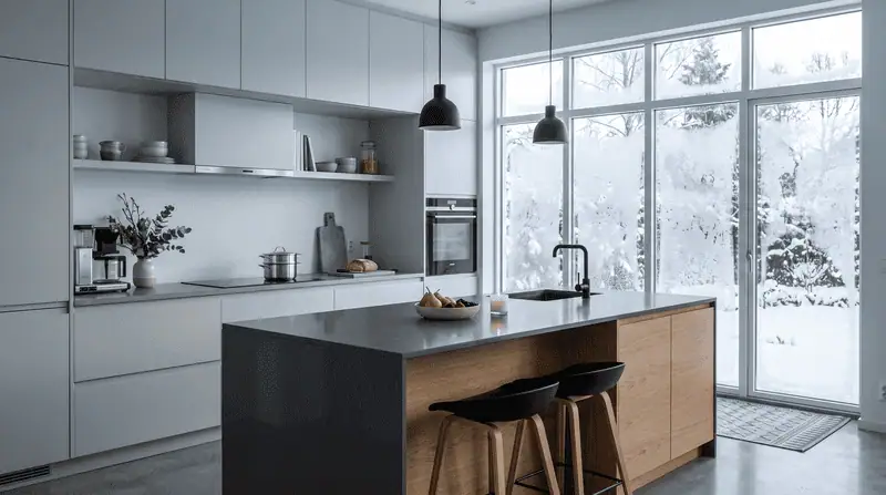 Aménagement cuisine moderne avec îlot central et plan de travail en quartz