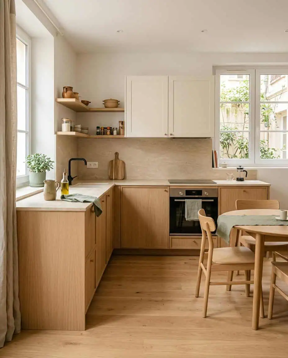 Cuisine en L sans îlot avec table en bois accolée et passage dégagé dans une pièce compacte