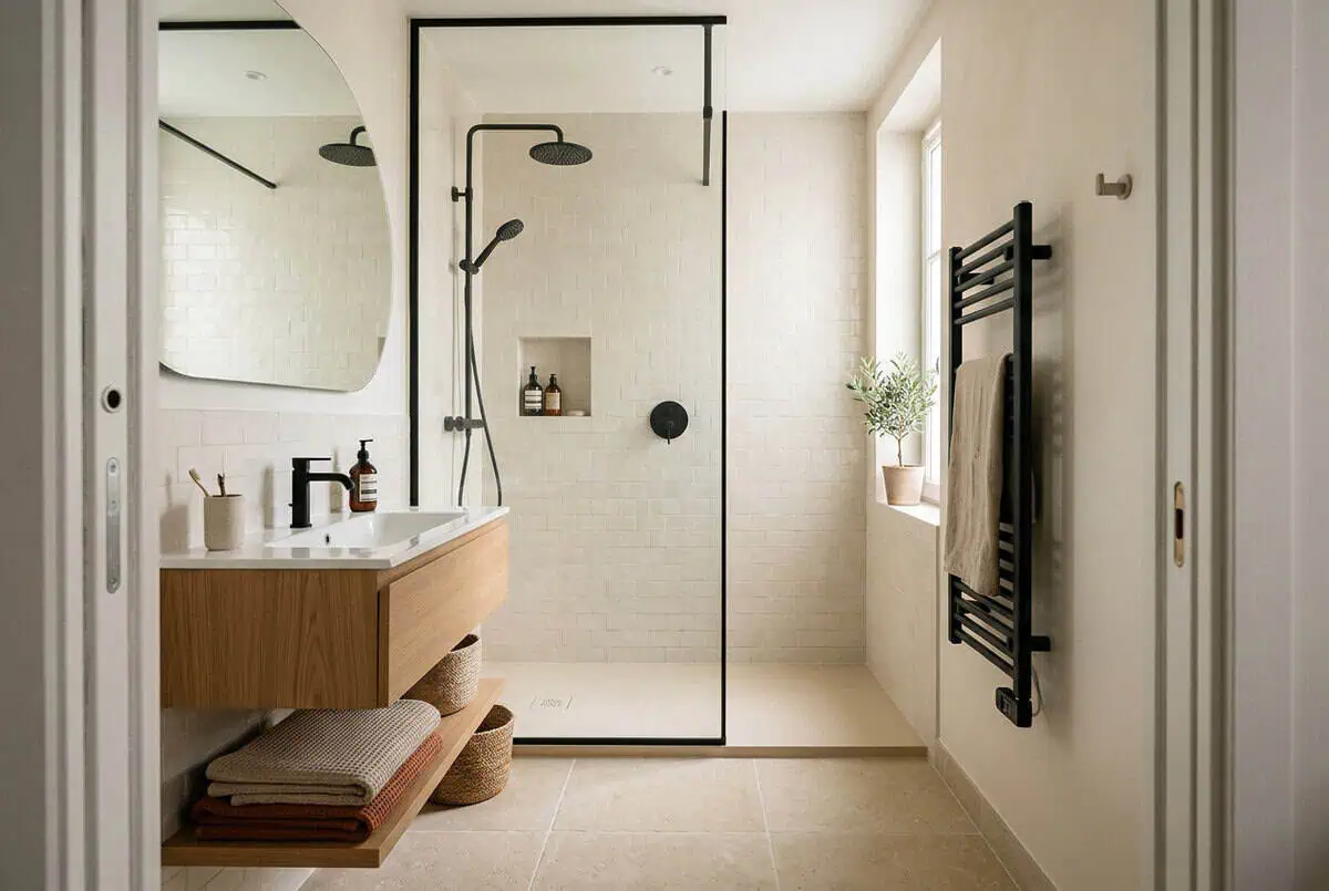 Douche à l’italienne avec paroi vitrée et circulation dégagée dans une petite salle de bain