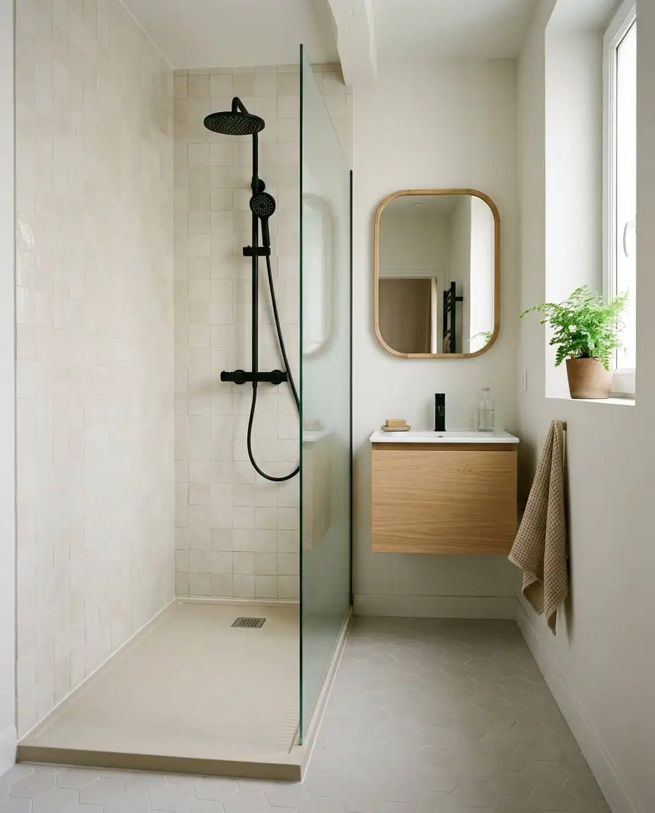 Douche avec receveur extra-plat et paroi fixe en verre dans une petite salle de bain rénovée