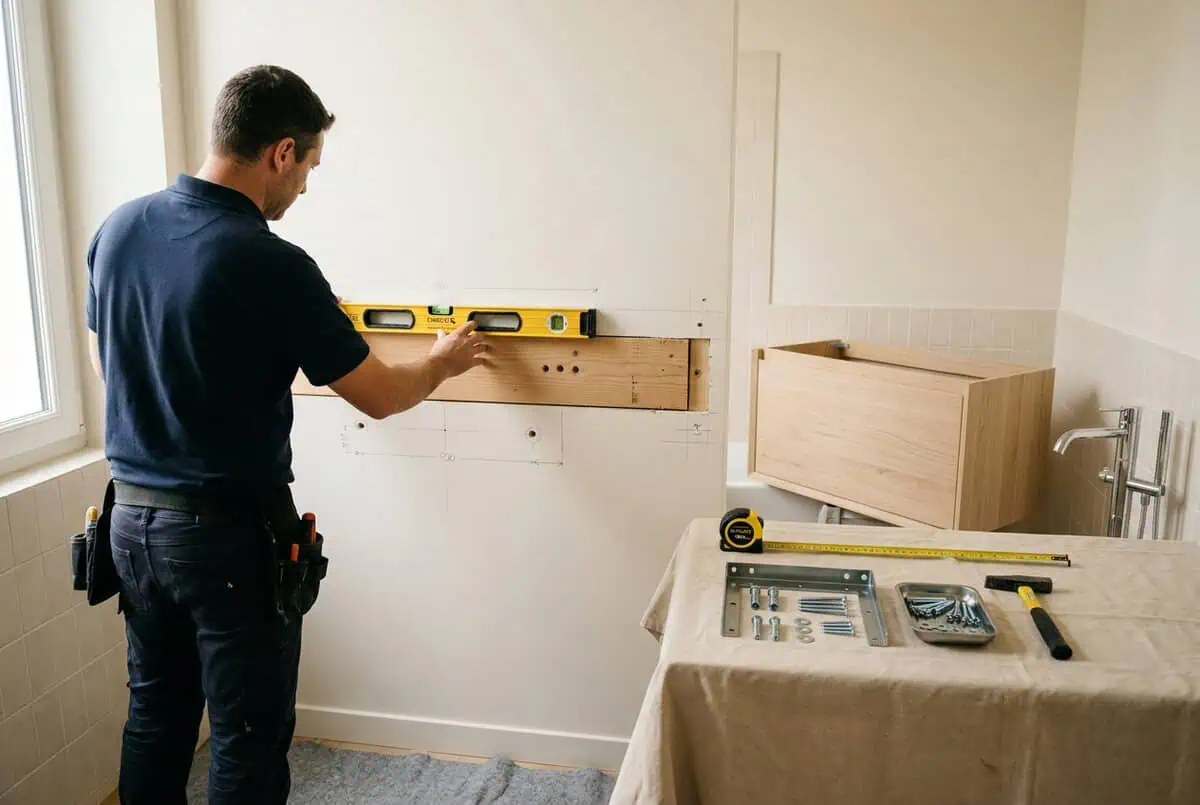 Préparation de la fixation d’un meuble vasque suspendu sur un mur renforcé de salle de bain