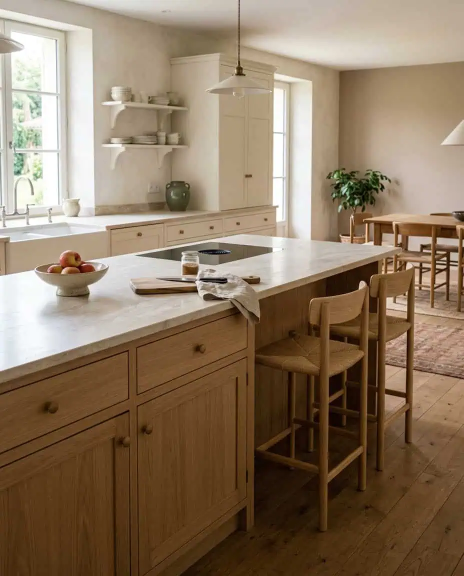 Îlot central avec espace repas, tabourets en bois et circulation préservée dans une cuisine ouverte