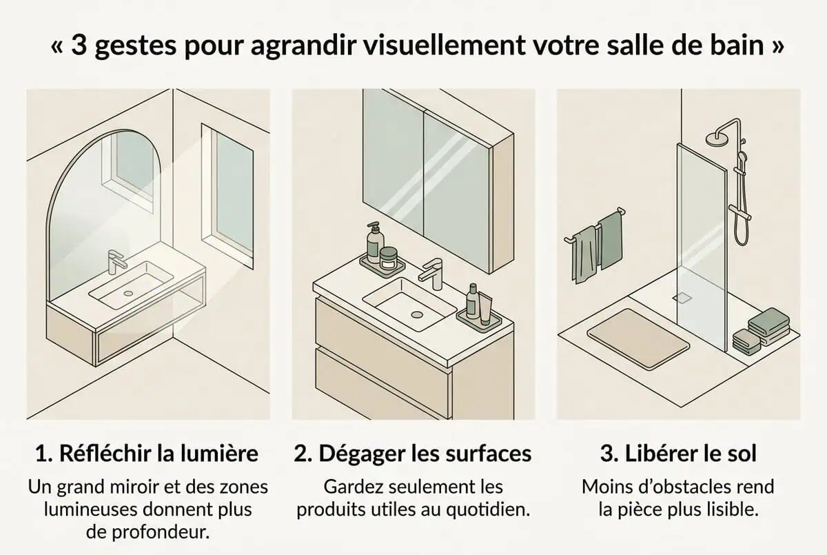 Infographie montrant trois solutions pour agrandir visuellement une petite salle de bain sans travaux