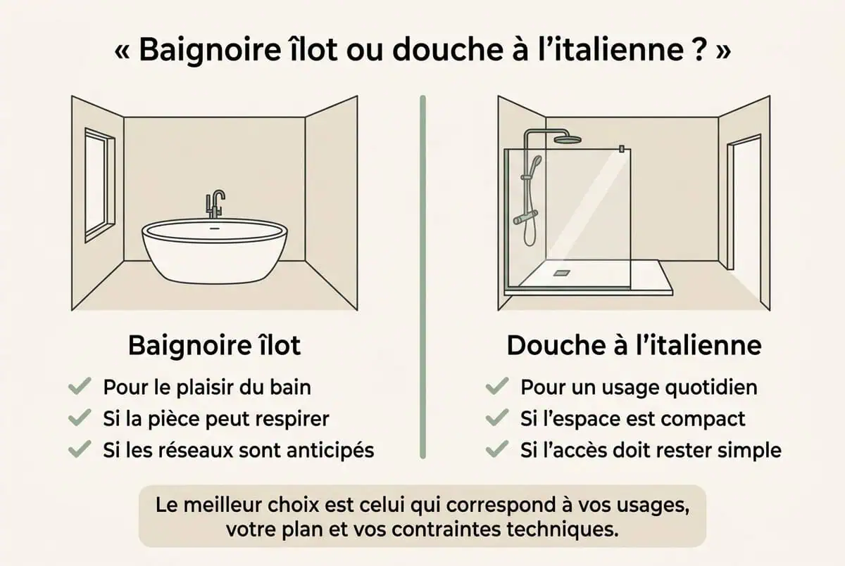 Infographie en français comparant baignoire îlot et douche à l’italienne selon l’espace et les usages