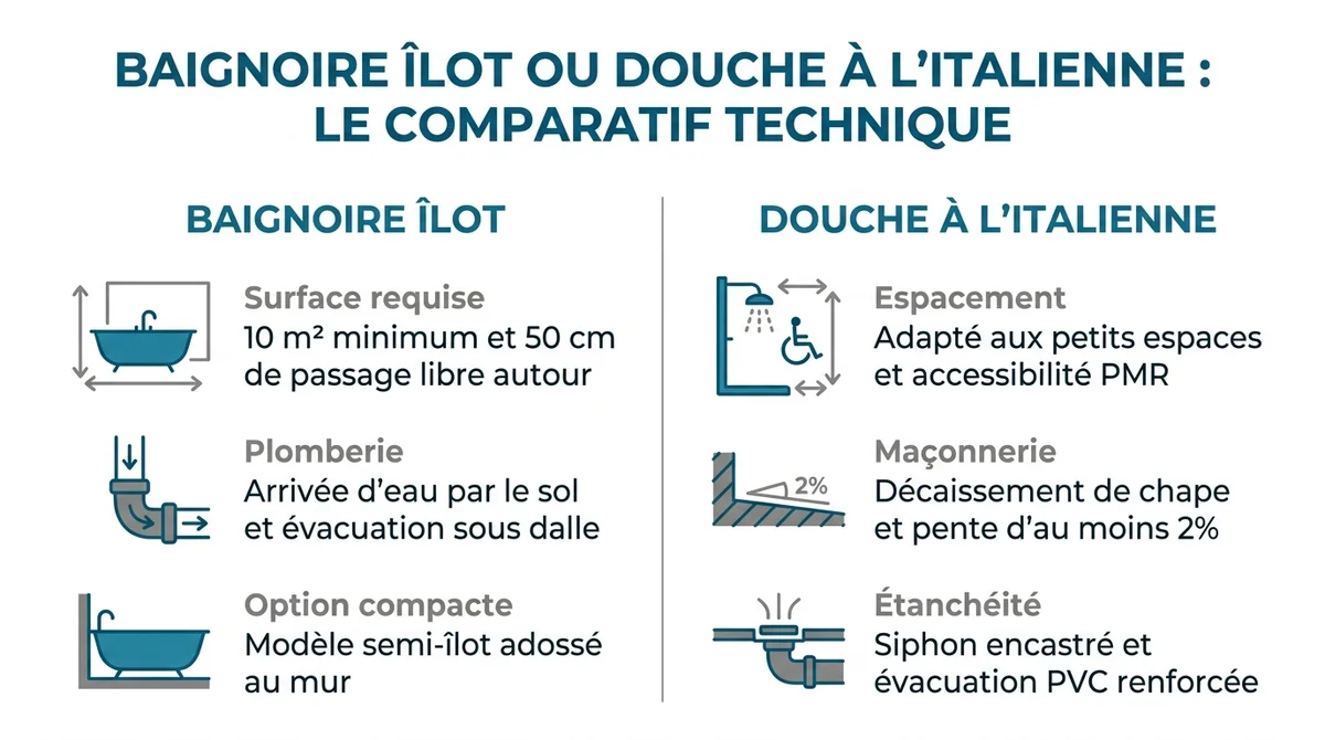 Infographie comparative entre baignoire îlot et douche à l'italienne : contraintes d'espace, maçonnerie et plomberie.