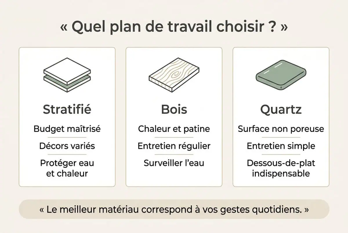 Infographie en français comparant le stratifié, le bois et le quartz pour un plan de travail de cuisine