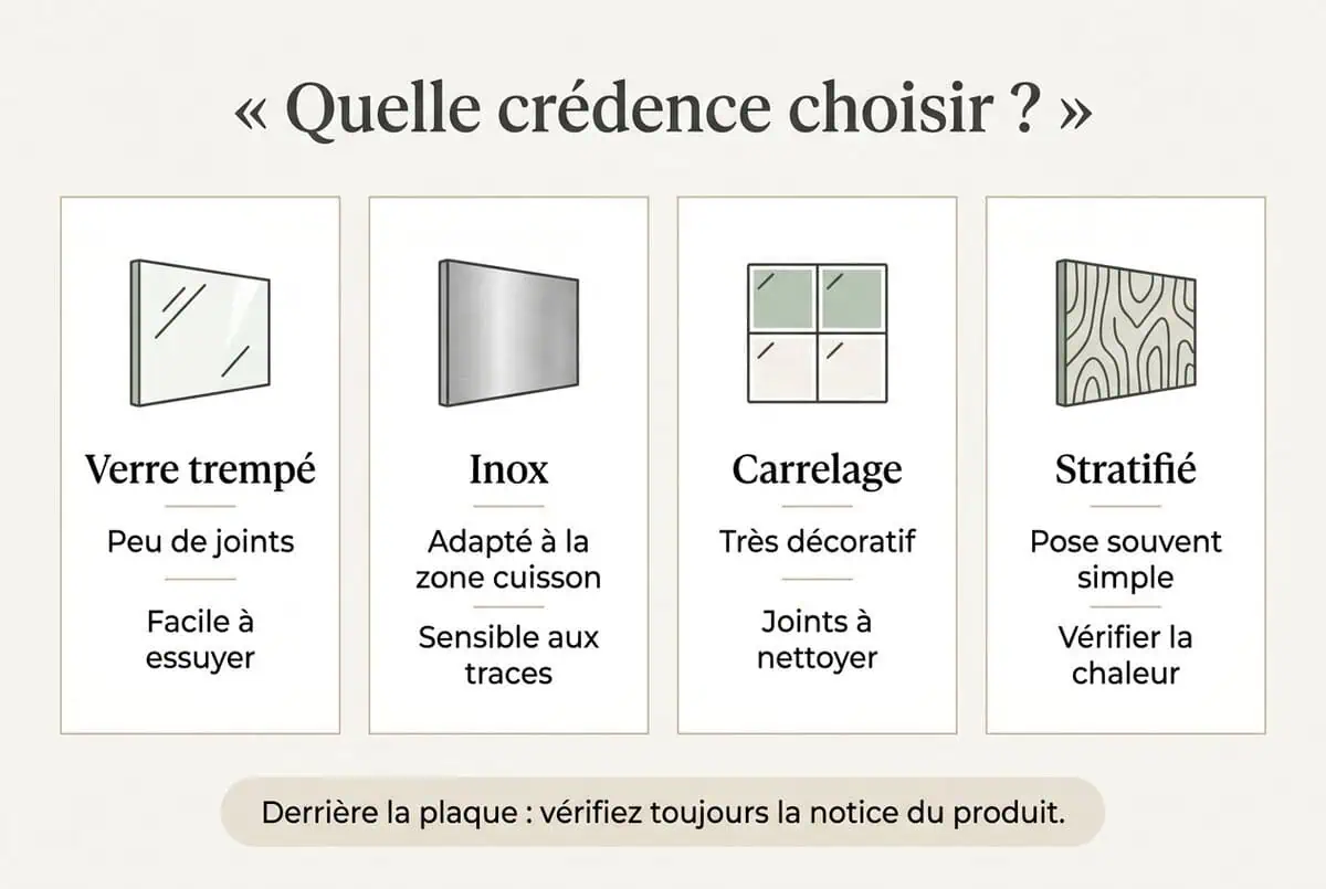 Infographie en français comparant le verre, l’inox, le carrelage et le stratifié pour une crédence de cuisine