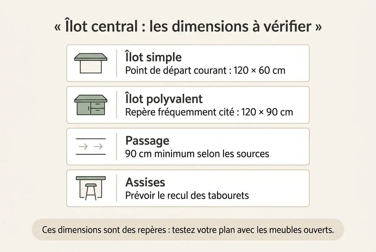 Infographie en français avec les dimensions à vérifier avant d’installer un îlot central de cuisine