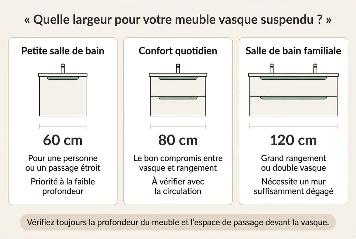 Infographie en français comparant les largeurs 60, 80 et 120 cm pour un meuble vasque suspendu
