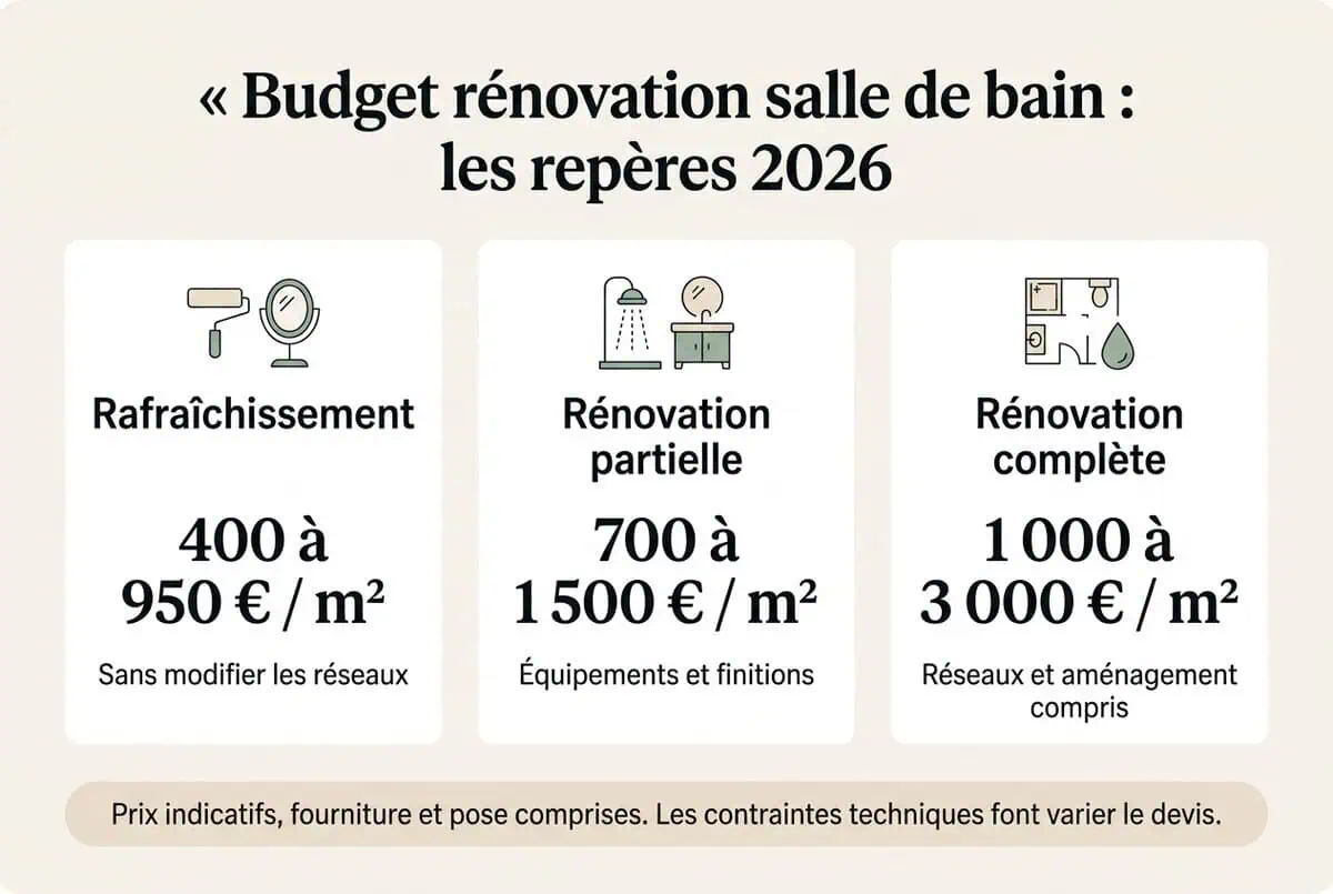 Infographie en français indiquant les fourchettes de prix 2026 pour rénover une salle de bain