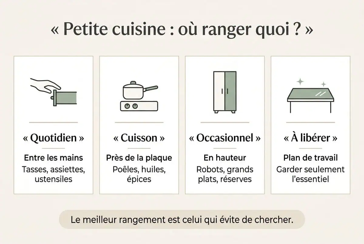 Infographie en français expliquant où ranger les objets dans une petite cuisine fermée