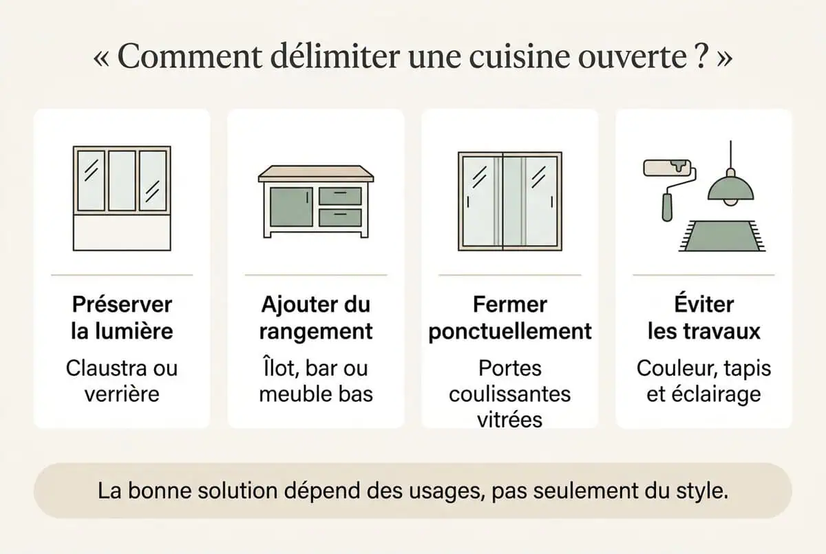 Infographie en français présentant quatre solutions pour délimiter une cuisine ouverte sur le salon