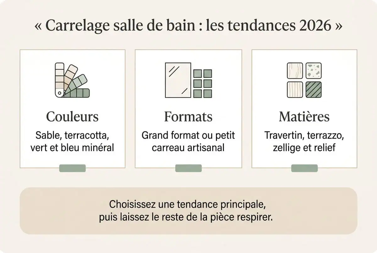 Infographie en français résumant les couleurs, formats et matières de carrelage tendance pour une salle de bain en 2026