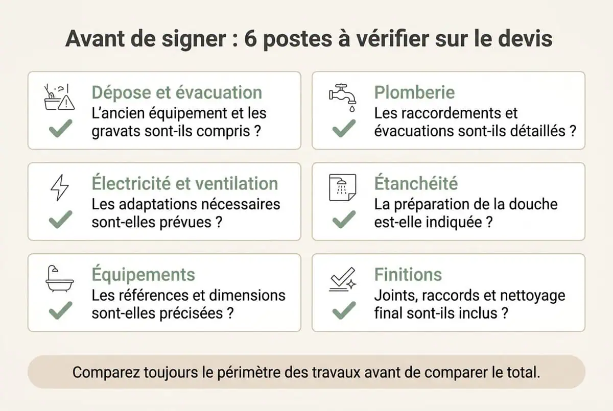 Infographie en français listant les postes à vérifier dans un devis de rénovation de salle de bain