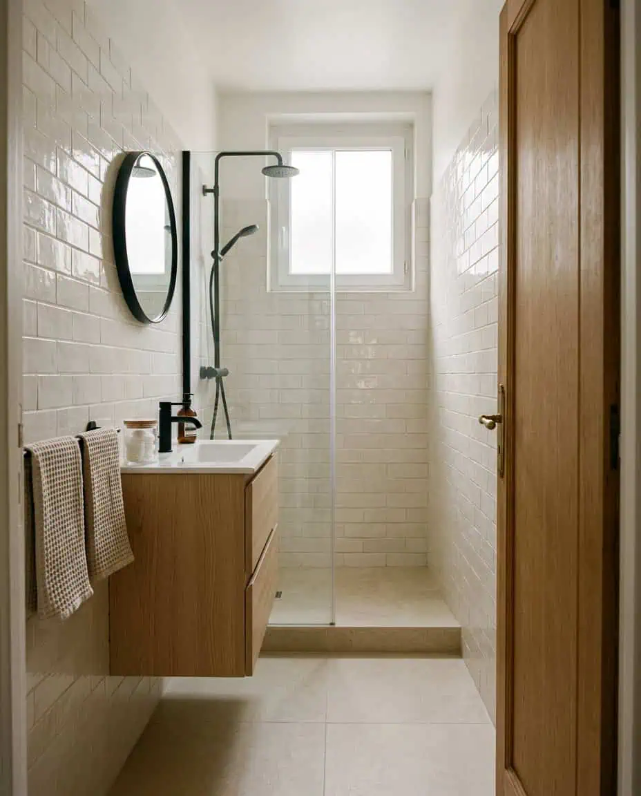 Meuble vasque suspendu peu profond laissant un passage dégagé dans une petite salle de bain