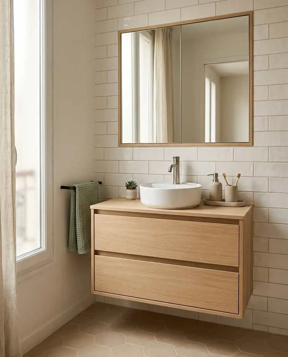 Plan vasque dégagé avec miroir rangement et accessoires coordonnés dans une petite salle de bain