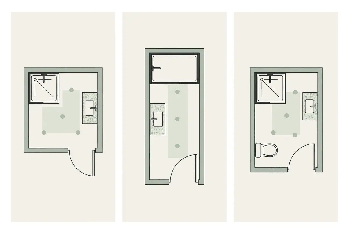 Infographie montrant trois plans de principe pour aménager une salle de bain de 4 m²
