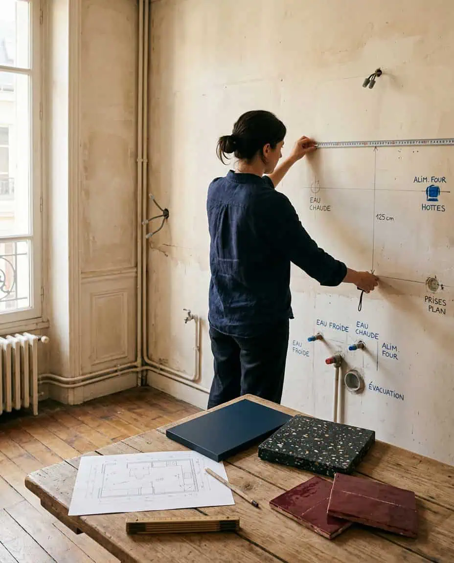 Prise de cotes pour un projet de cuisine avec plan, mètre ruban et échantillons de façades et de plan de travail