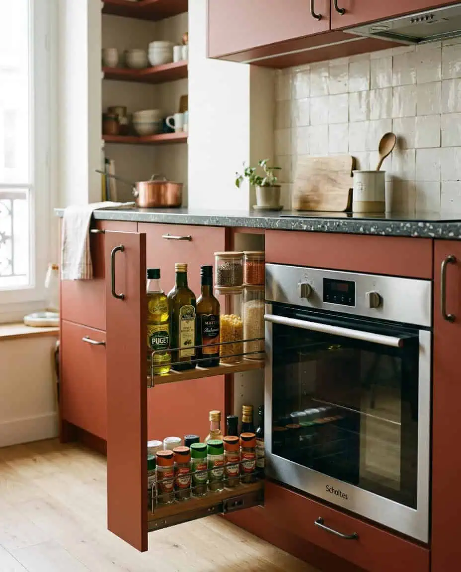 Rangement coulissant étroit ouvert dans une petite cuisine rouge brique avec bocaux et huiles organisés