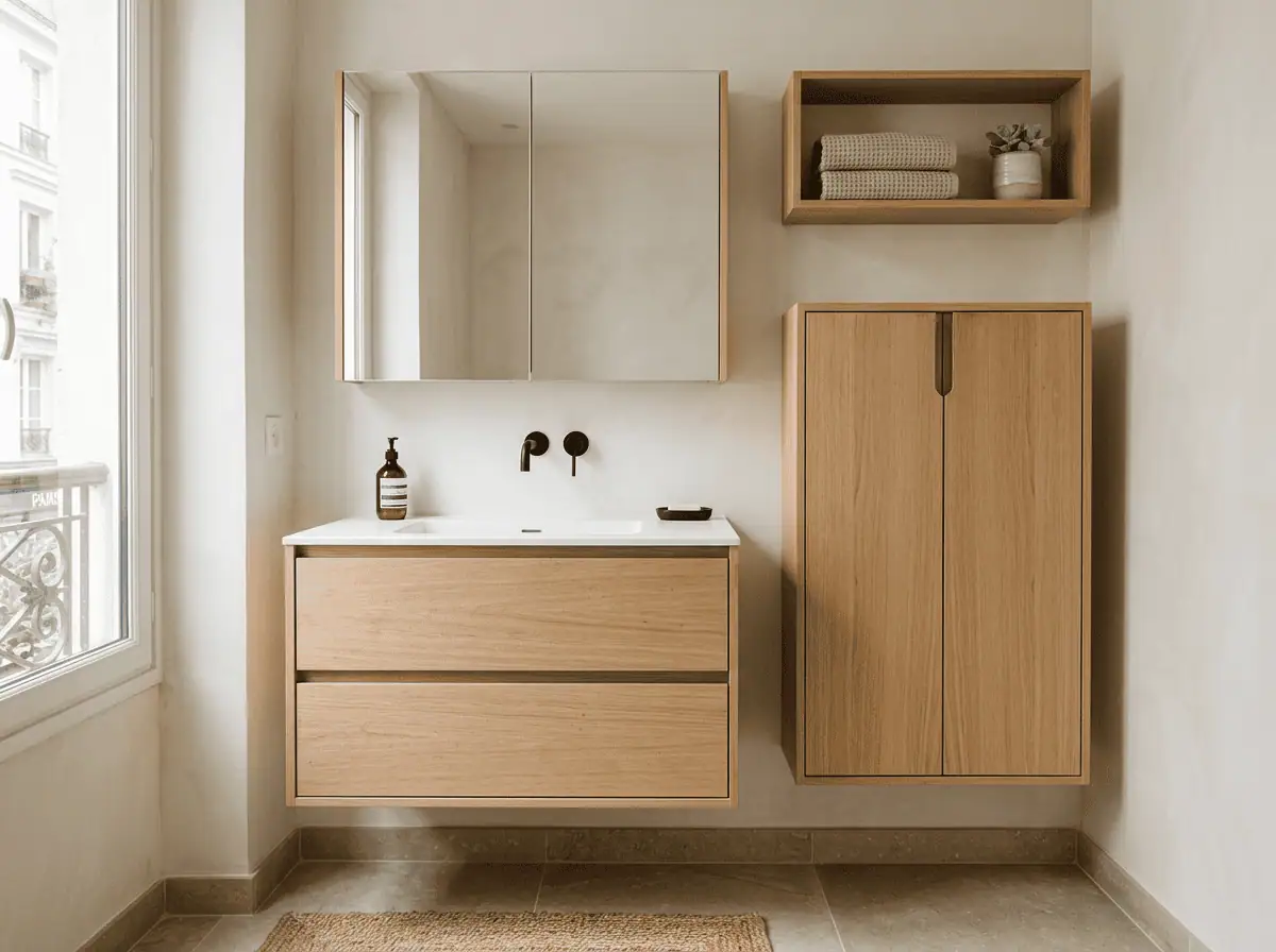 Rangement vertical et meuble vasque suspendu peu profond dans une petite salle de bain