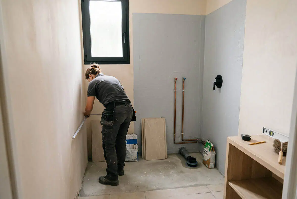 Chantier de rénovation de salle de bain montrant la préparation de la plomberie et de l’étanchéité avant les finitions