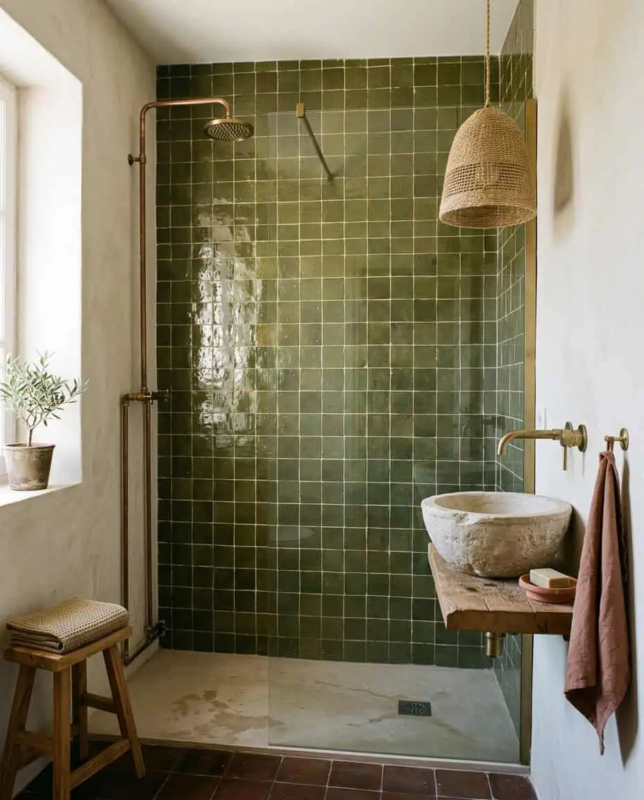 Mur de douche en zellige vert olive dans une salle de bain méditerranéenne avec enduit blanc chaud et vasque en pierre