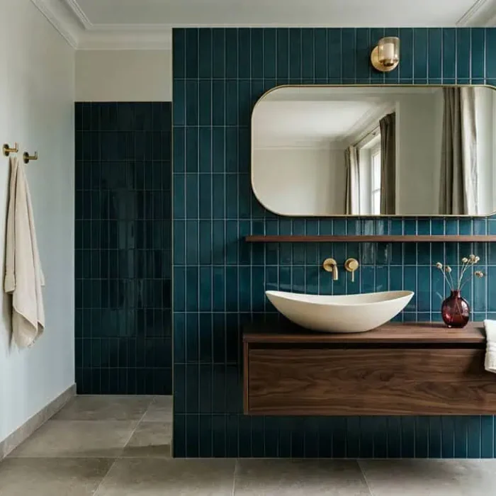 Salle de bain Art déco contemporaine avec carrelage bleu pétrole brillant, meuble noyer foncé et robinetterie laiton brossé