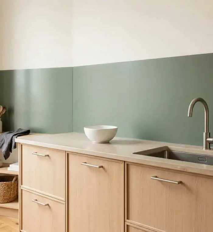 Crédence en verre vert sauge au-dessus d’un plan de travail clair dans une cuisine moderne en bois clair