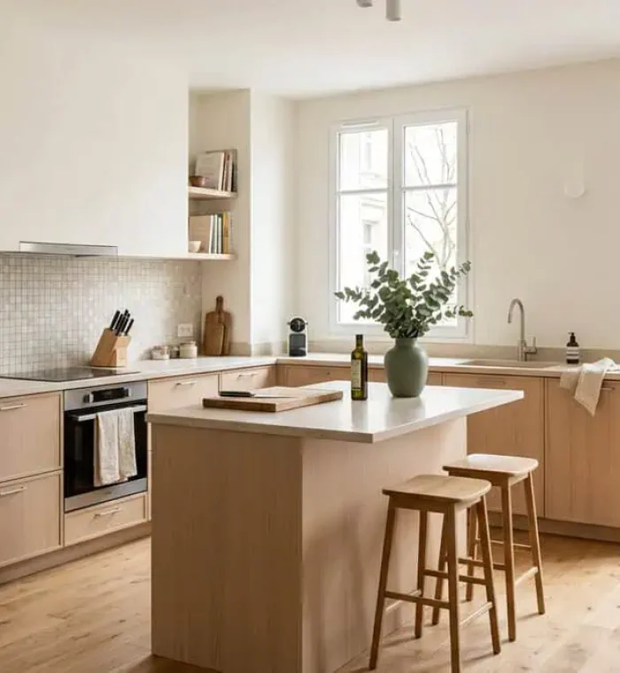 Cuisine en L en bois clair avec petit îlot central et circulation dégagée dans une pièce lumineuse