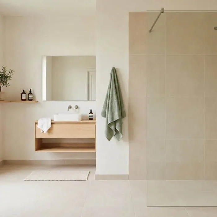 Douche à l’italienne de plain-pied avec paroi en verre dans une salle de bain moderne et lumineuse