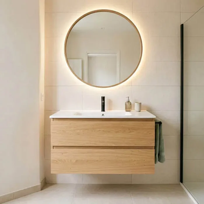 Meuble vasque suspendu en bois clair avec tiroirs dans une salle de bain moderne et lumineuse