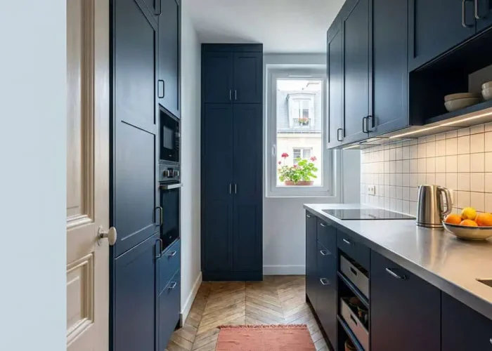 Petite cuisine fermée bleu nuit avec colonne de rangement, plan de travail dégagé et étagères pratiques