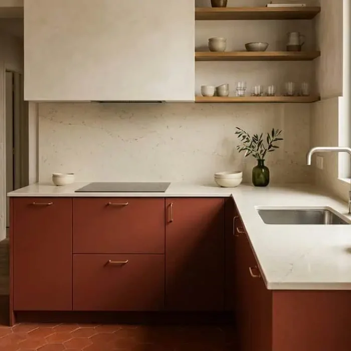 Plan de travail en quartz crème sur une cuisine contemporaine aux façades rouge brique mat