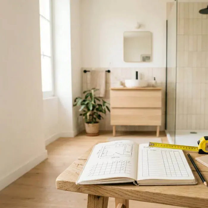 | Élément | Contenu | | ------------------ | --------------------------------------------------------------------------------------------------------------- | | **Nom de fichier** | `prix-renovation-salle-de-bain-budget-projet.webp` | | **Format** | Paysage `16:9`, minimum 1 920 × 1 080 px | | **Balise ALT** | `Préparation du budget de rénovation d’une salle de bain avec carnet, mètre ruban et échantillons de matériaux` |