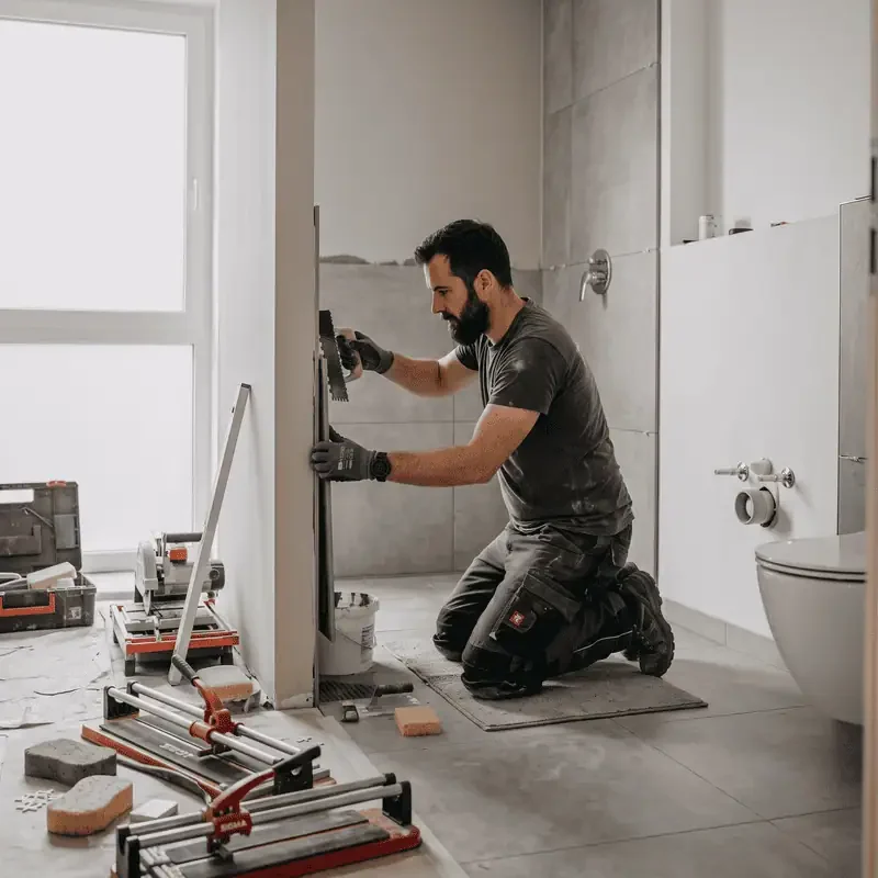 Artisan posant du carrelage lors d'une rénovation de salle de bain