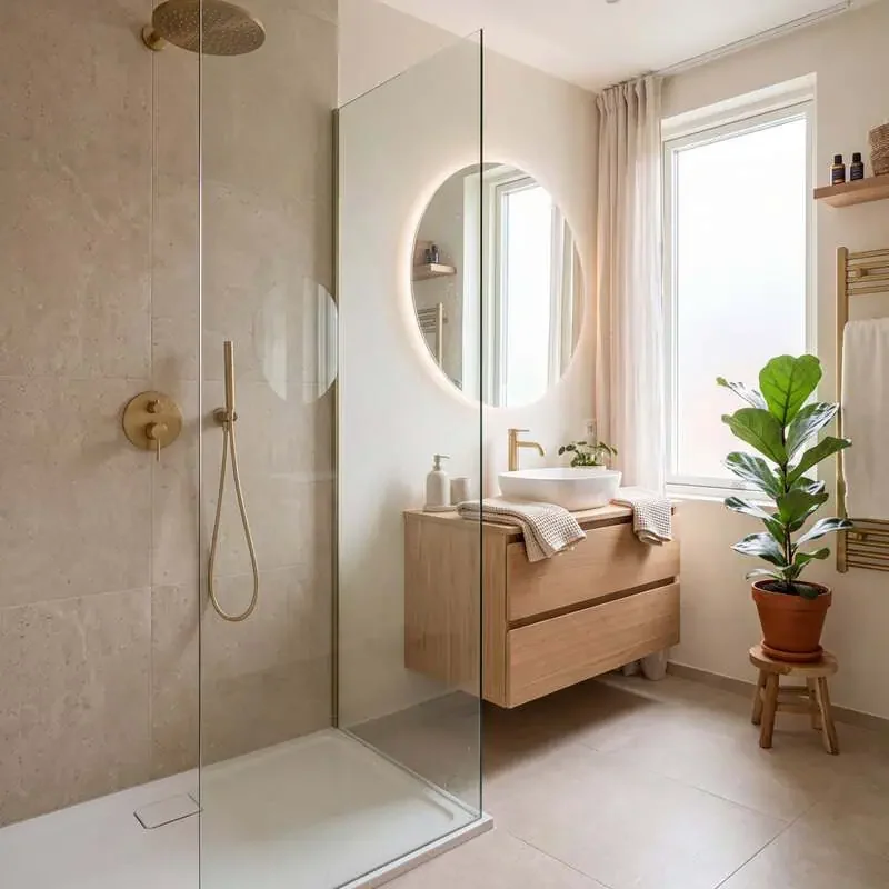 Salle de bain moderne et lumineuse avec grande douche à l'italienne spacieuse et meuble vasque suspendu en bois clair